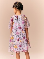 Lilac Purple Flower Embroidered Angel Sleeve Occasion Dress (3-16yrs) - Image 3 of 4