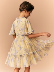 Yellow Floral Cut Out Mesh Printed Occasion Dress (3-16yrs) - Image 3 of 9