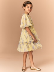 Yellow Floral Cut Out Mesh Printed Occasion Dress (3-16yrs) - Image 4 of 9
