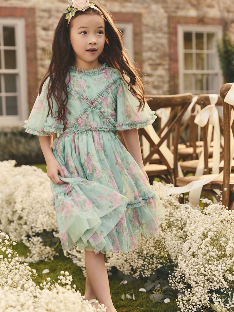 Sage Green Floral Cut Out Mesh Printed Occasion Dress (3-16yrs) - Image 1 of 9