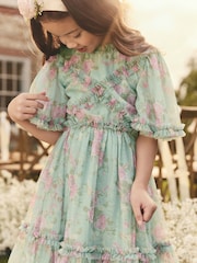 Sage Green Floral Cut Out Mesh Printed Occasion Dress (3-16yrs) - Image 2 of 9