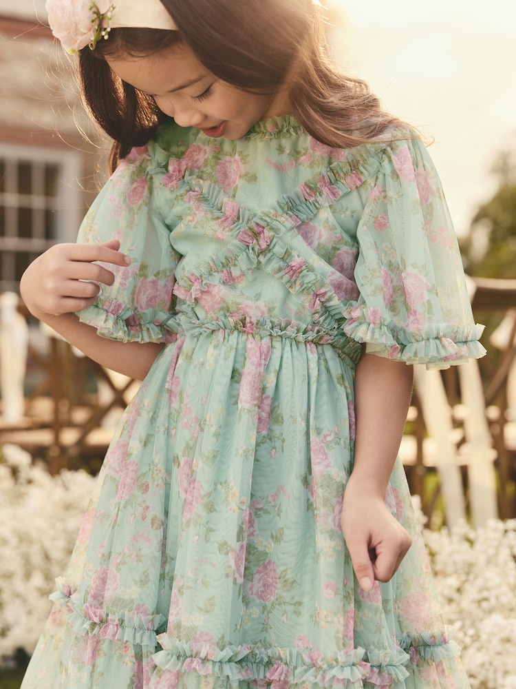 Sage Green Floral Cut Out Mesh Printed Occasion Dress (3-16yrs) - Image 2 of 9