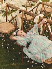 Sage Green Floral Cut Out Mesh Printed Occasion Dress (3-16yrs) - Image 3 of 9