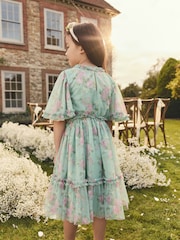 Sage Green Floral Cut Out Mesh Printed Occasion Dress (3-16yrs) - Image 4 of 9