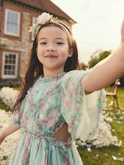 Sage Green Floral Cut Out Mesh Printed Occasion Dress (3-16yrs) - Image 5 of 9