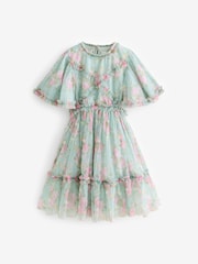 Sage Green Floral Cut Out Mesh Printed Occasion Dress (3-16yrs) - Image 6 of 9