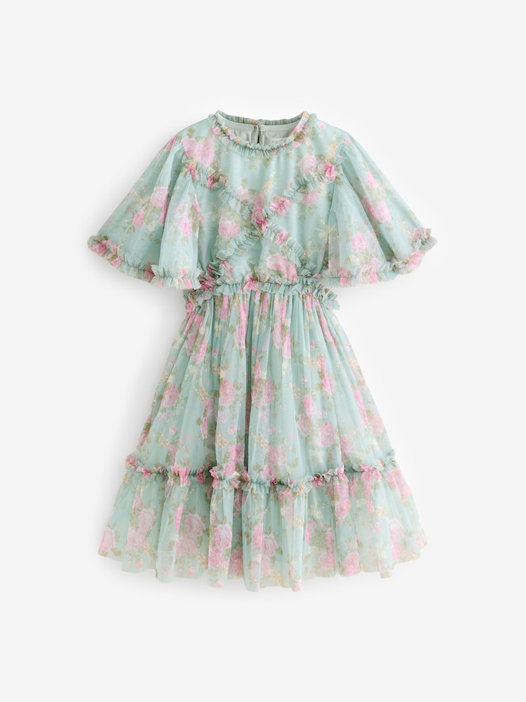 Sage Green Floral Cut Out Mesh Printed Occasion Dress (3-16yrs) - Image 6 of 9