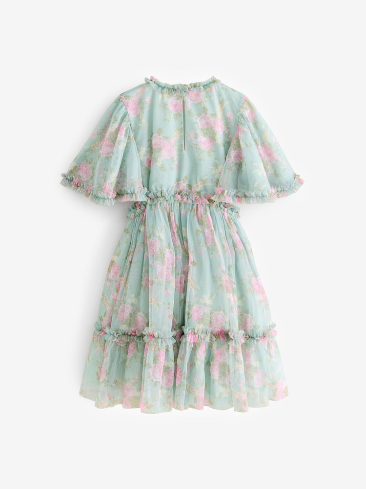 Sage Green Floral Cut Out Mesh Printed Occasion Dress (3-16yrs) - Image 7 of 9