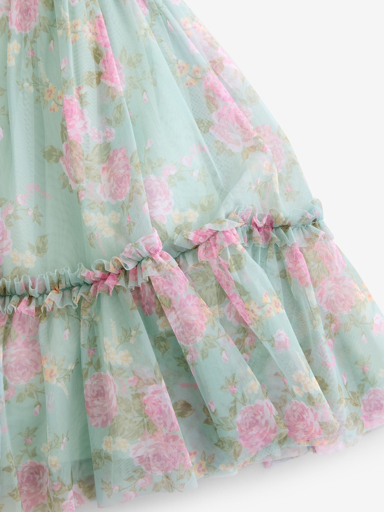 Sage Green Floral Cut Out Mesh Printed Occasion Dress (3-16yrs) - Image 9 of 9