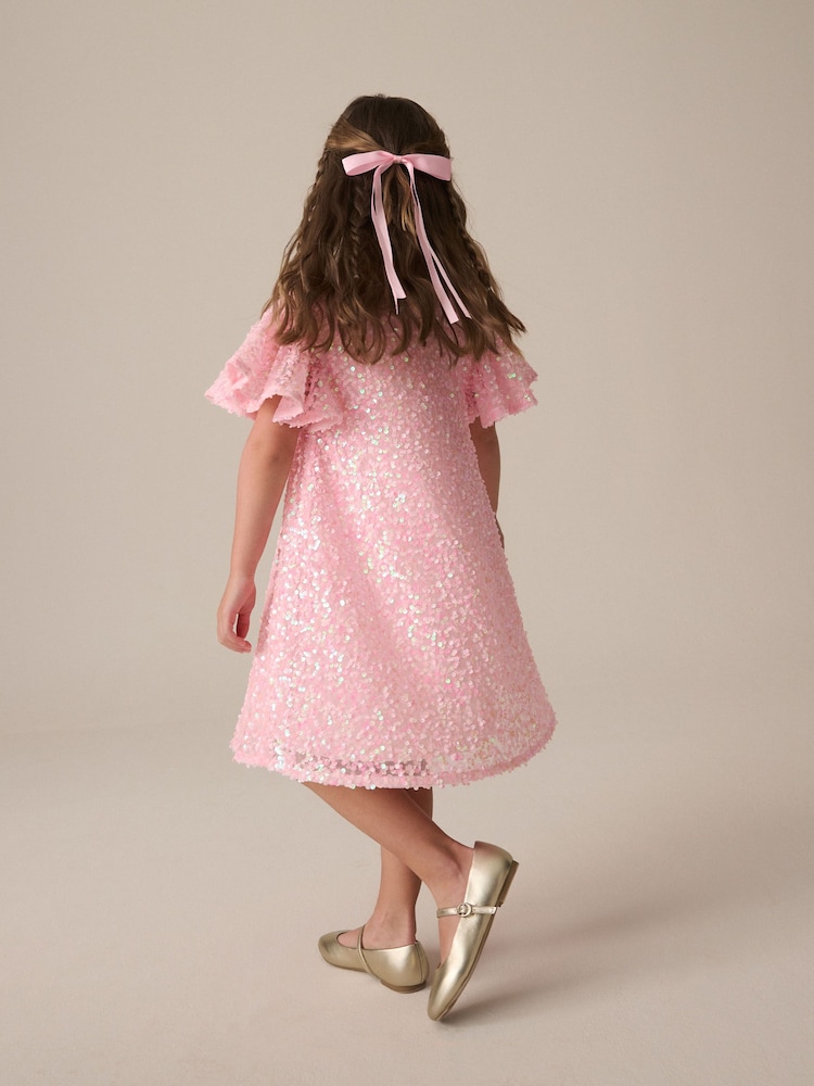 Pink Sparkle Angel Sleeve Sequin Party Dress (3-16yrs) - Image 3 of 9
