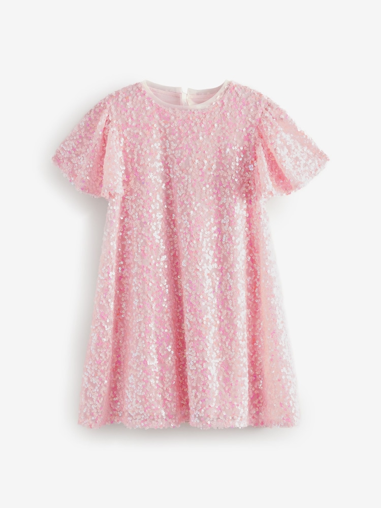 Pink Sparkle Angel Sleeve Sequin Party Dress (3-16yrs) - Image 5 of 9