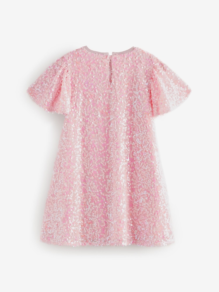Pink Sparkle Angel Sleeve Sequin Party Dress (3-16yrs) - Image 6 of 9