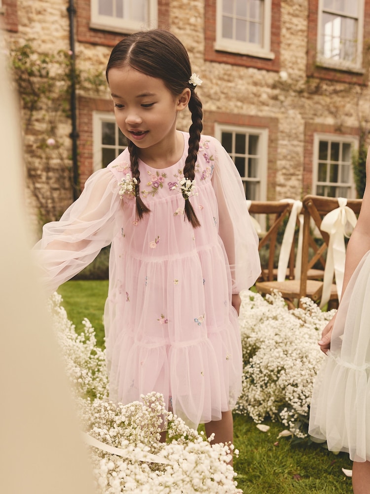 Pink Embroidered Long Sleeve Mesh Party Dress (3-16yrs) - Image 2 of 8