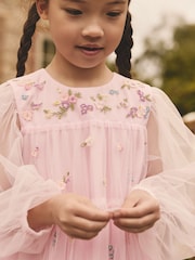 Pink Embroidered Long Sleeve Mesh Party Dress (3-16yrs) - Image 4 of 8