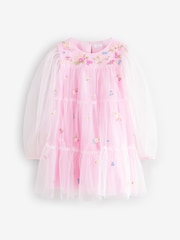 Pink Embroidered Long Sleeve Mesh Party Dress (3-16yrs) - Image 5 of 8