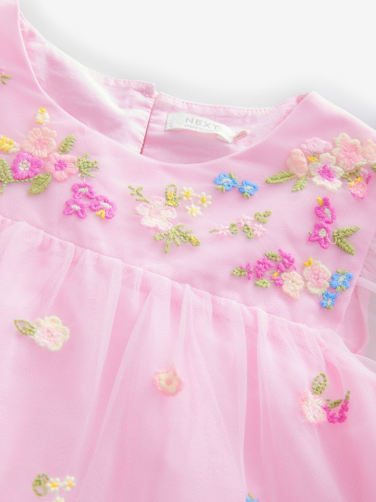 Pink Embroidered Long Sleeve Mesh Party Dress (3-16yrs) - Image 8 of 8