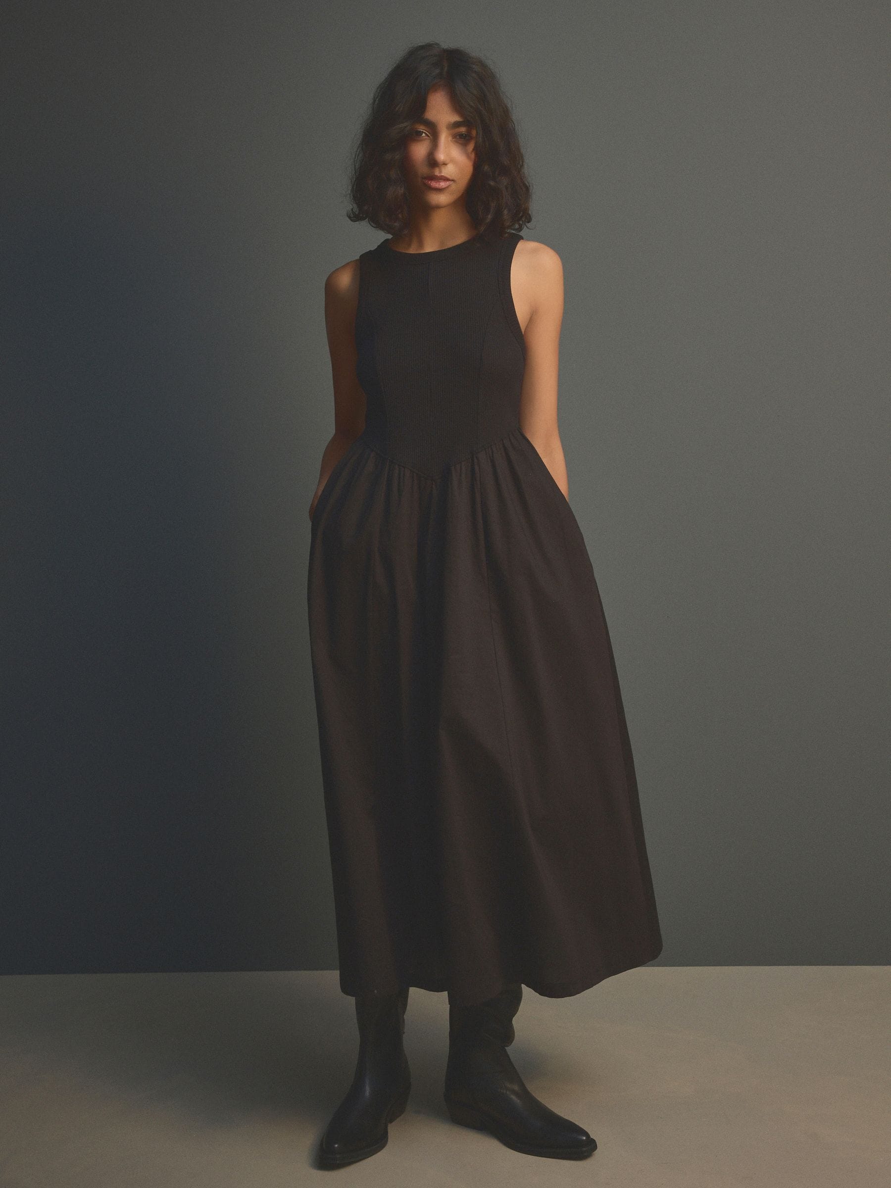 Buy Black Woven Jersey Mix Sleeveless Racer Ribbed Midi