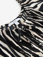 Noir/Blanc Animal Zèbre - Manches courtes Jersey Cravate Front Textured Mi-long Robe - Image 2 de 3