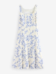 White/Blue Floral Square Neck Puff Hem Midi Dress - Image 5 of 7