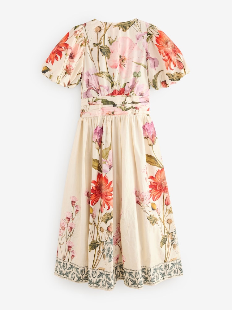Ecru Cream Floral Puff Sleeve Button Down Occasion Maxi 100% Cotton Dress - Image 2 of 4 Ecru Cream Floral Puff Sleeve Button Down Occasion Maxi 100% Cotton Dress - Image 2 of 4