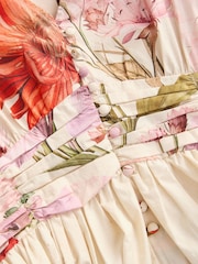 Ecru Cream Floral Puff Sleeve Button Down Occasion Maxi 100% Cotton Dress - Image 3 of 4