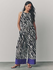 Ecru Zebra Sleeveless Wide Leg 100% Cotton Jumpsuit - Image 1 of 8