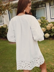 White Long Sleeve Broderie Summer Mini Dress - Image 3 of 5