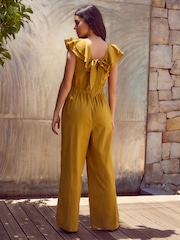 Ochre Yellow Ruffled Tie Back Wide Leg Boho 100% Cotton Jumpsuit - Image 2 of 4