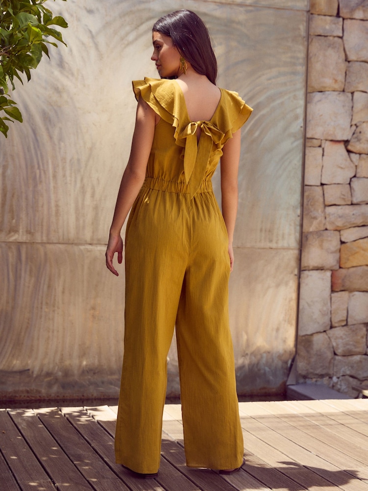 Ochre Yellow Ruffled Tie Back Wide Leg Boho 100% Cotton Jumpsuit - Image 2 of 4 Ochre Yellow Ruffled Tie Back Wide Leg Boho 100% Cotton Jumpsuit - Image 2 of 4