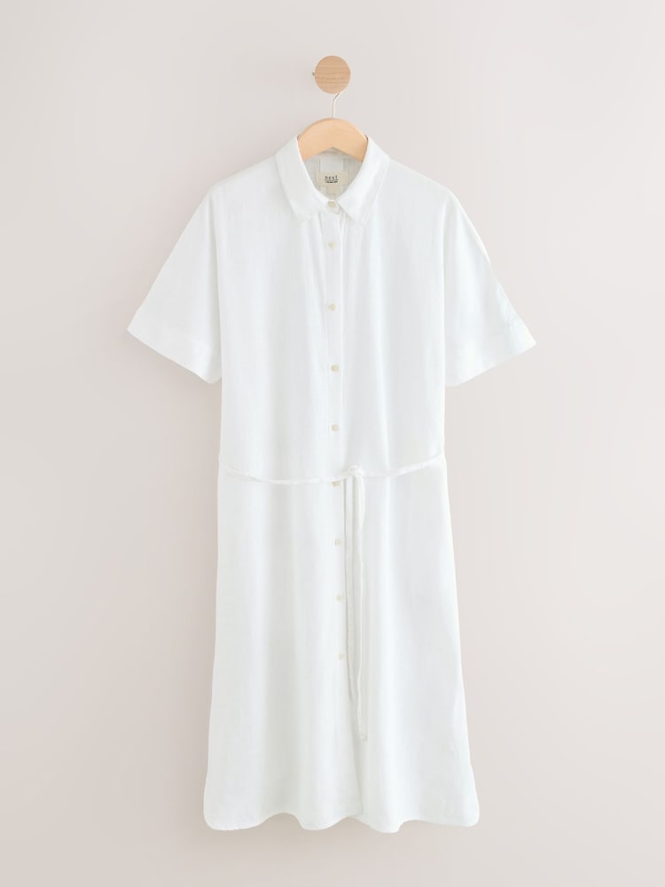 White Short Sleeve Tie Waist Midi Dress with Linen - Image 1 of 3