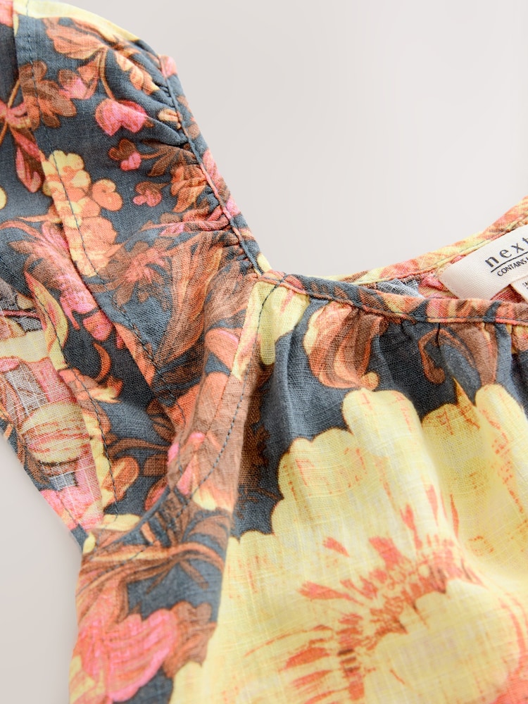 Navy Vintage Floral V-Neck Ruffle Sleeve Mini Dress with Linen - Image 7 of 7