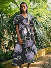 Kew Collection Navy Floral Button Down Puff Sleeve Midi Dress with Linen - Image 1 of 8