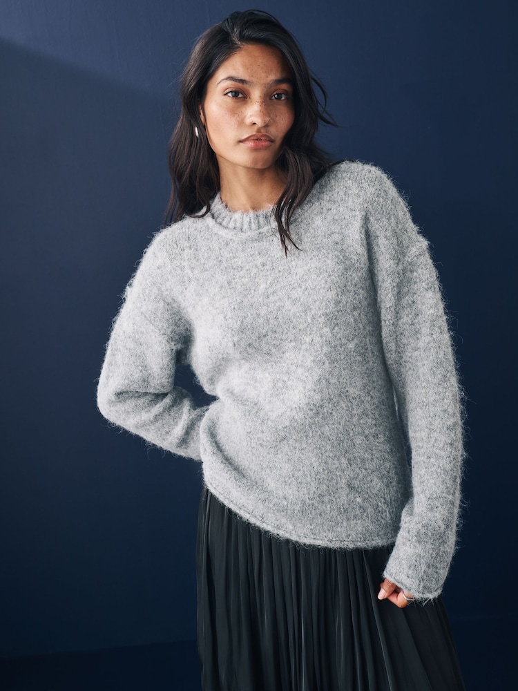 Grey Soft Touch Crew Neck Knitted Jumper with Wool - Image 1 of 8