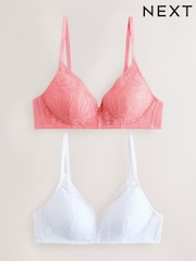 Coral/White Pad Non Wire Lace Detail Ultimate Comfort Bras 2 Pack - Image 12 of 13