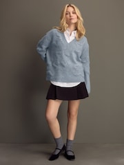 Blue Chambray Star Textured V-Neck Long Sleeve Knitted Jumper With Wool - Image 2 of 9