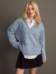 Blue Chambray Star Textured V-Neck Long Sleeve Knitted Jumper With Wool - Image 3 of 9