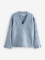 Blue Chambray Star Textured V-Neck Long Sleeve Knitted Jumper With Wool - Image 6 of 9