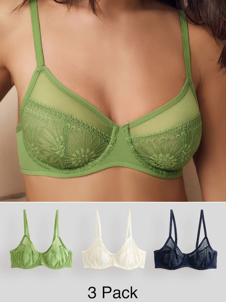 Grün/Cream/Marineblau - Floral Lace Bras 3 Pack - Bild 1 von 12 Grün/Cream/Marineblau - Floral Lace Bras 3 Pack - Bild 1 von 12