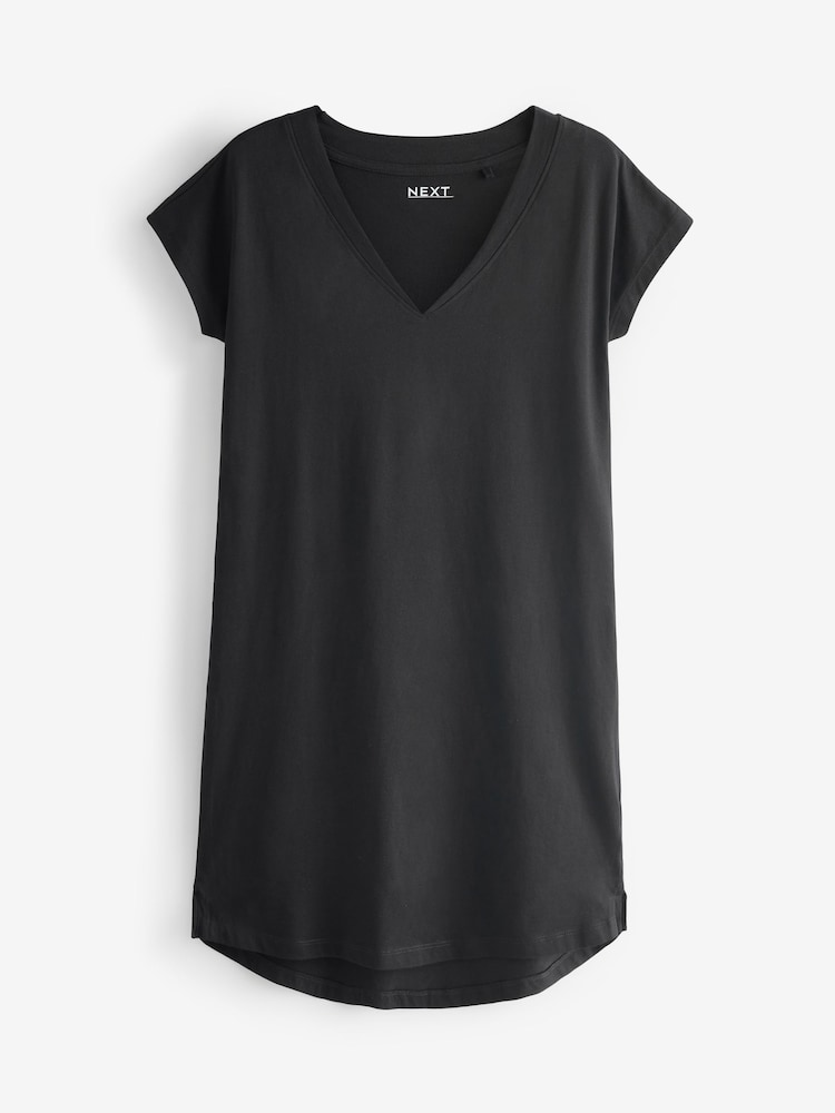 Black 100% Cotton Cap Sleeve V-Neck Mini Dress - Image 1 of 3 Black 100% Cotton Cap Sleeve V-Neck Mini Dress - Image 1 of 3