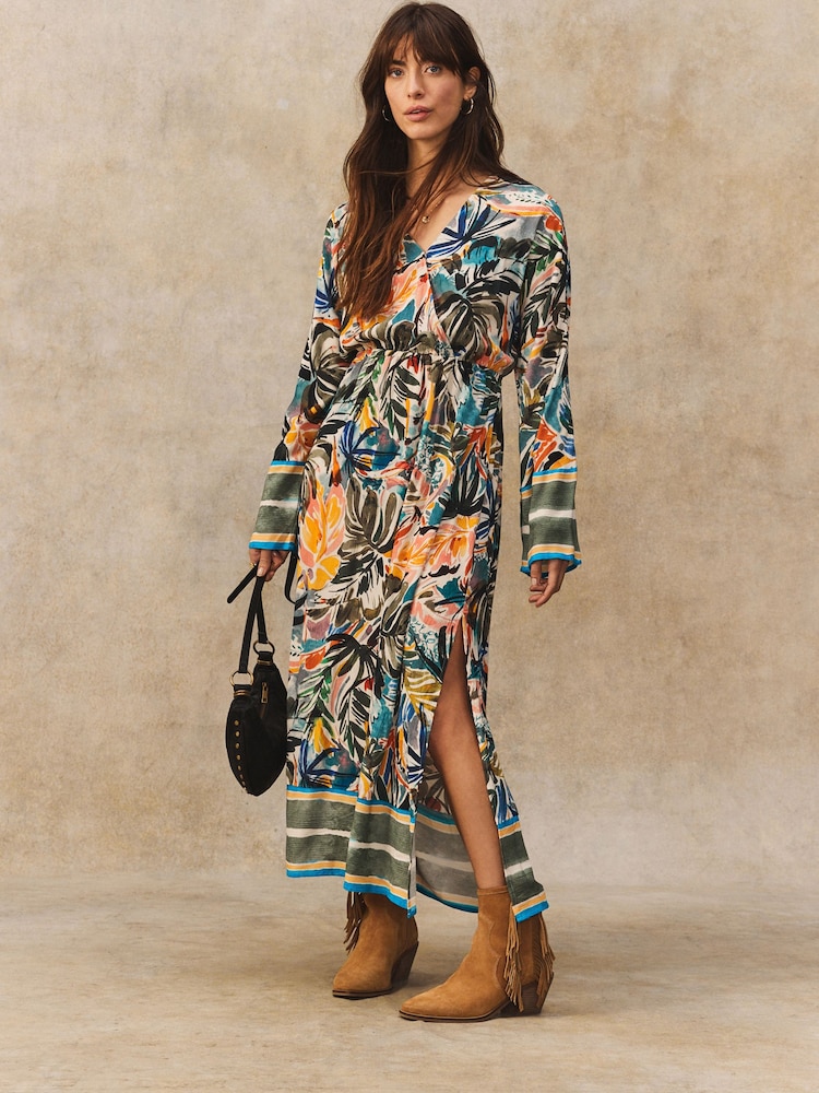 Green/Blue Palm Print Kimono Sleeve Tie Waist Maxi Dress - Image 1 of 5