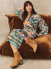 Green/Blue Palm Print Kimono Sleeve Tie Waist Maxi Dress - Image 3 of 5