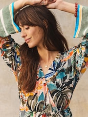 Green/Blue Palm Print Kimono Sleeve Tie Waist Maxi Dress - Image 5 of 5