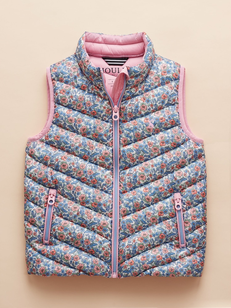 Joules Girls' Crofton Gilet Pink Ditsy Showerproof Padded Gilet - Image 1 of 5