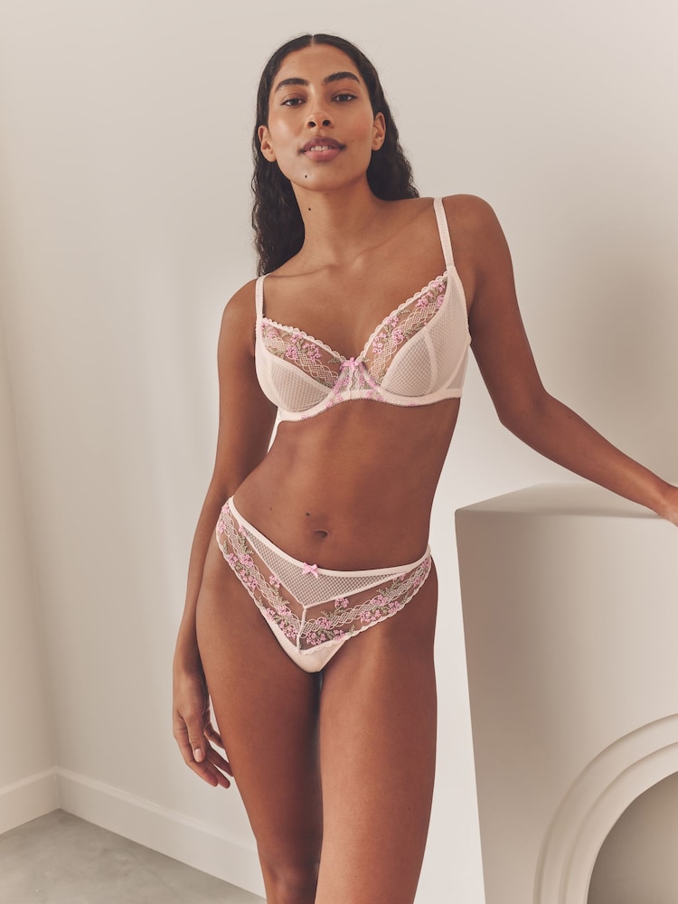 Rose/Crème - Soutien-gorge brodé à fleurs haut de gamme - Image 2 of 8