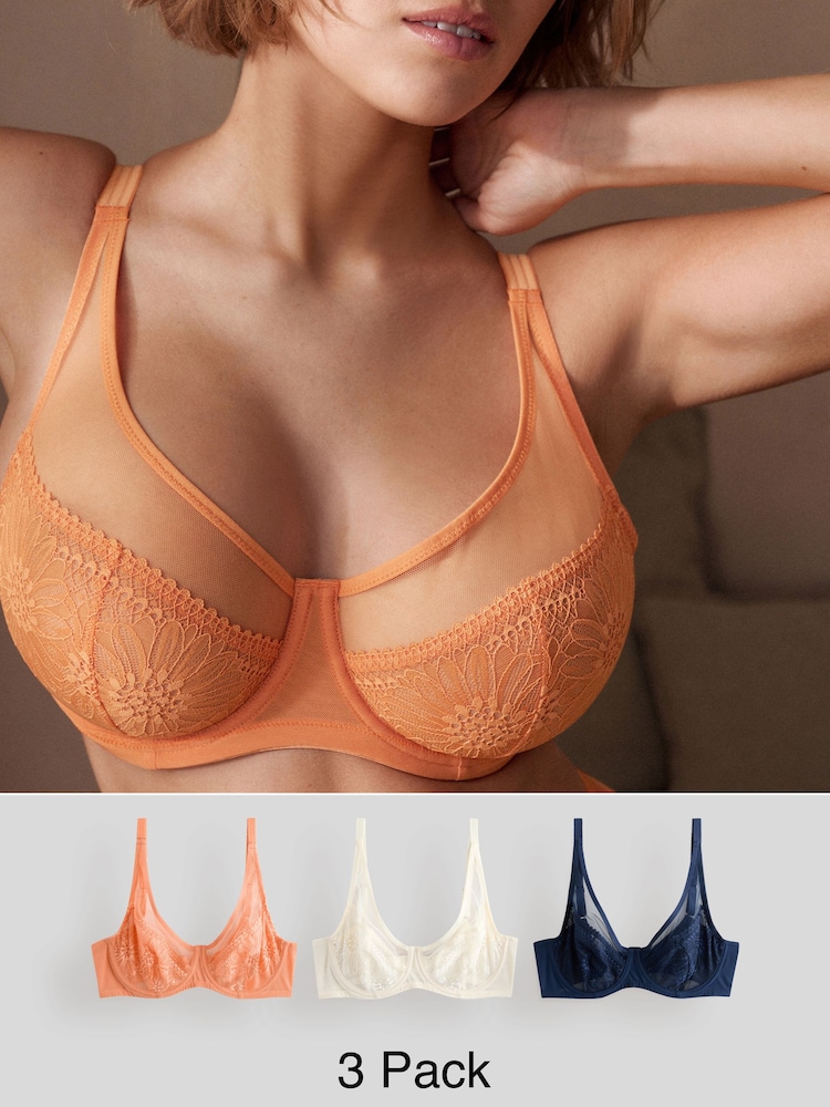 Orange/Cream/Navy - Floral Lace Bras 3 Pack - Bild 1 von 14 Orange/Cream/Navy - Floral Lace Bras 3 Pack - Bild 1 von 14