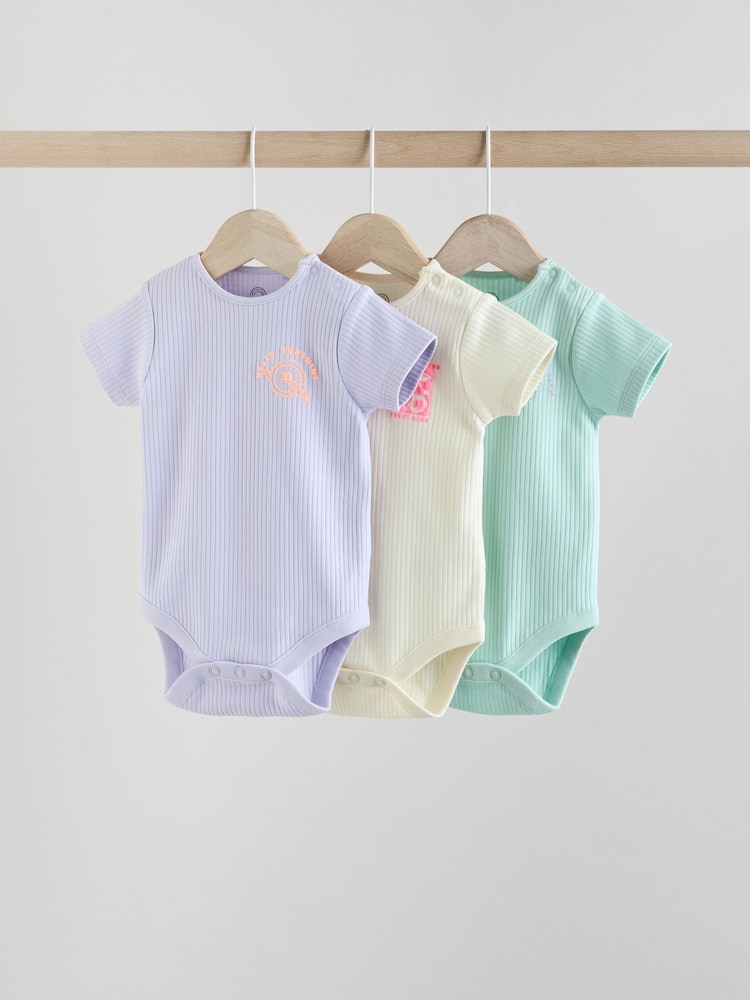Purle/Cream Baby Slogan Short Sleeve 100% Cotton Bodysuit 3 Pack - Image 1 of 13