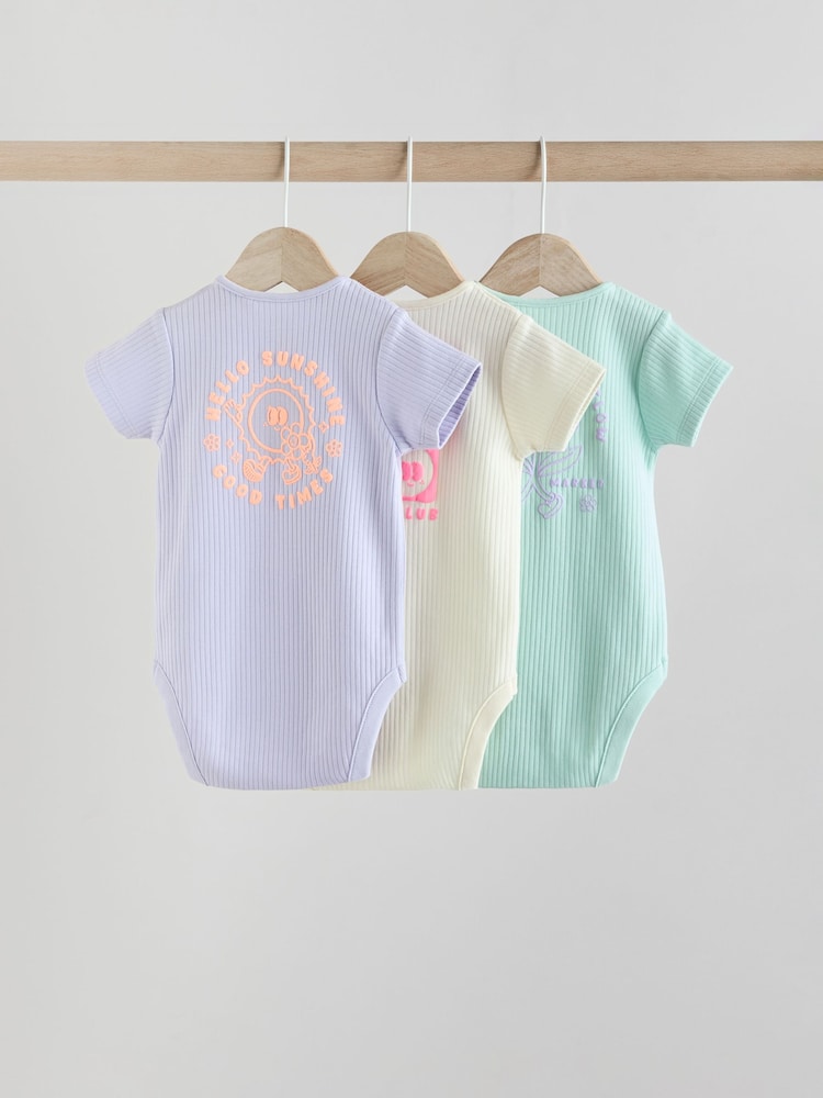 Purle/Cream Baby Slogan Short Sleeve 100% Cotton Bodysuit 3 Pack - Image 2 of 13