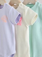 Purle/Cream Baby Slogan Short Sleeve 100% Cotton Bodysuit 3 Pack - Image 3 of 13