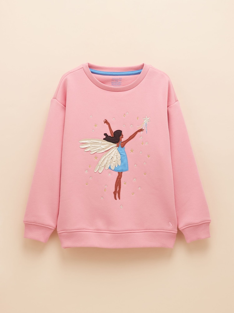 Joules Girls' Mackenzie Pink Embroidered Artwork Sweatshirt With Faux Faur Lining - Image 1 of 1