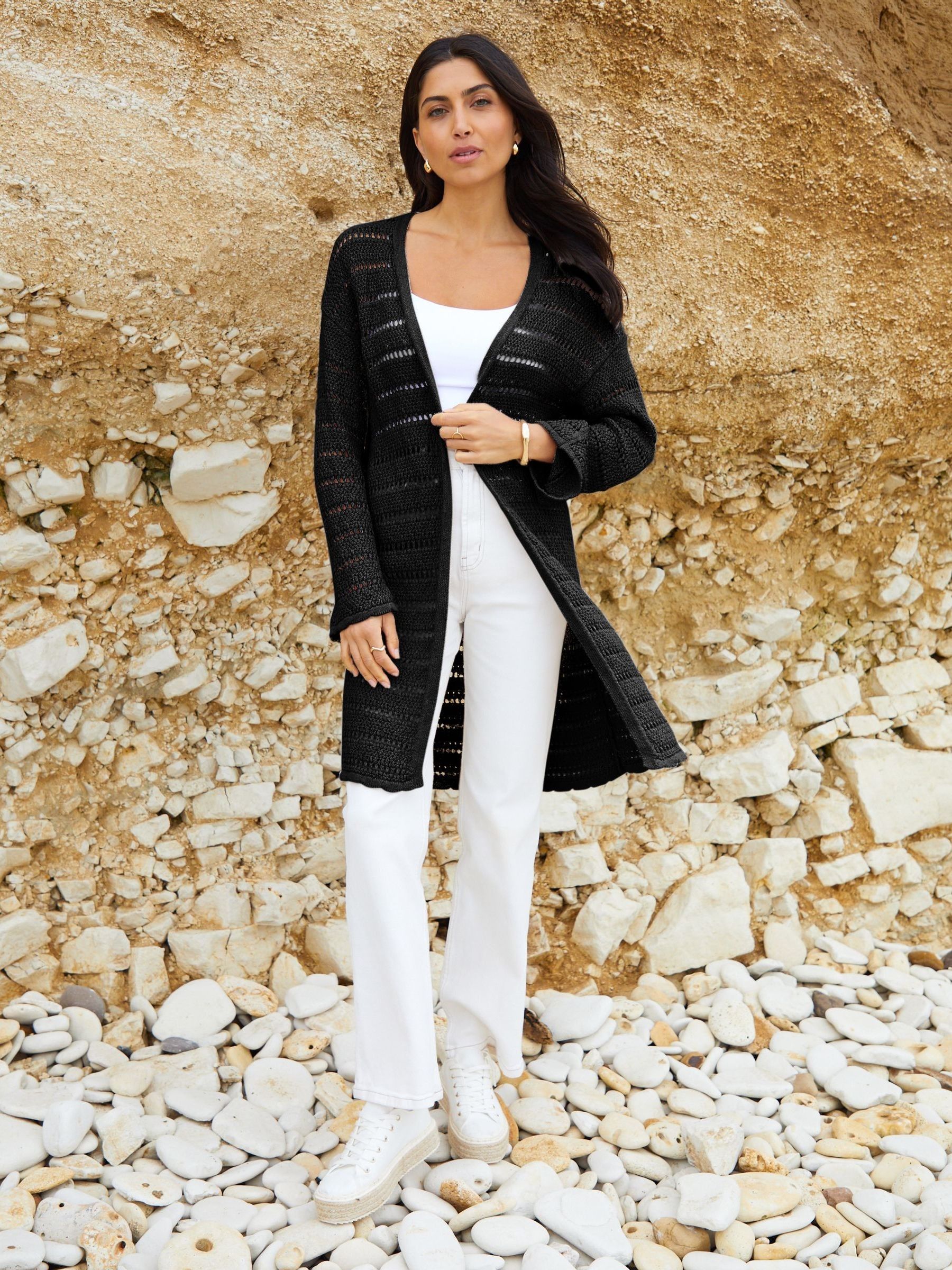 Threadbare Black Longline Crochet Knit Cardigan